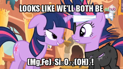 Size: 640x360 | Tagged: safe, derpibooru import, edit, edited screencap, screencap, twilight sparkle, unicorn twilight, pony, unicorn, it's about time, bandage, bedroom eyes, caption, catsuit, chemistry, chemistry joke, cummingtonite, female, future twilight, hub logo, image macro, mare, pun, rock pun, scar, science, self ponidox, time travel