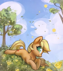 Size: 1500x1689 | Tagged: safe, artist:mirroredsea, applejack, earth pony, pony, applejack's hat, cowboy hat, cute, eye clipping through hair, female, flower, hat, jackabetes, looking at you, lying down, mare, no pupils, prone, scenery, smiling, solo, tree