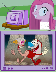 Size: 580x750 | Tagged: safe, pinkie pie, pony, crossover, exploitable meme, happy happy joy joy, meme, pinkamena diane pie, ren and stimpy, tv meme