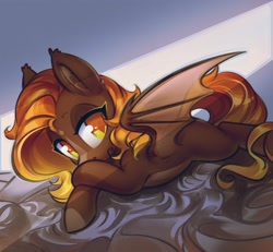 Size: 1200x1111 | Tagged: safe, artist:mirroredsea, oc, oc only, oc:fire glow, bat pony, pony, art trade, bat pony oc, bed, cute, female, lidded eyes, lying down, mare, pale belly, solo, sweet dreams fuel