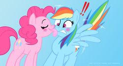 Size: 1275x682 | Tagged: safe, artist:thex-plotion, pinkie pie, rainbow dash, earth pony, pegasus, pony, female, lesbian, licking, pinkiedash, shipping