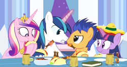 Size: 1175x625 | Tagged: safe, artist:dm29, flash sentry, princess cadance, shining armor, twilight sparkle, twilight sparkle (alicorn), alicorn, pony, unicorn, eating, female, food, hot sauce, magic, mare, sombrero, taco, taco twilight