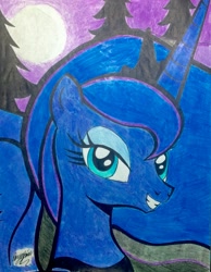 Size: 2255x2906 | Tagged: safe, artist:darkest-lunar-flower, princess luna, alicorn, pony, moon, night, portrait, smiling, solo, traditional art, tree