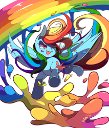Size: 850x1000 | Tagged: safe, artist:sugaryrainbow, rainbow dash, pegasus, pony, flying, paint, paint on fur, rainbow, surreal