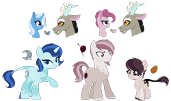 Size: 1086x644 | Tagged: safe, artist:combatleaf, derpibooru import, discord, mean pinkie pie, pinkie pie, trixie, oc, earth pony, hybrid, pony, the mean 6, clone, discopie, discord gets all the mares, female, interspecies offspring, male, mean discopie, offspring, parent:discord, parent:mean pinkie pie, parent:pinkie pie, parent:trixie, parents:discopie, parents:mean discopie, parents:trixcord, shipping, straight, trixcord