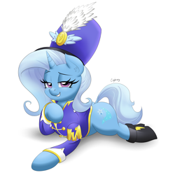 Size: 6667x6667 | Tagged: safe, artist:thebrokencog, derpibooru import, trixie, pony, unicorn, absurd resolution, clothes, dock, female, looking at you, mare, prone, sgt.trixie, shoes, smiling, smug, solo, uniform