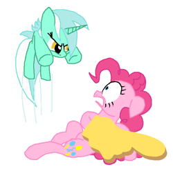 Size: 598x586 | Tagged: safe, artist:cgeta, lyra heartstrings, pinkie pie, earth pony, pony, foam finger, hand, pounce