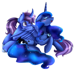 Size: 2363x2178 | Tagged: safe, artist:pridark, princess luna, oc, oc:azure night, alicorn, pony, azuna, blushing, canon x oc, commission, cute, eyes closed, female, lunabetes, male, necklace, ocbetes, preening, shipping, simple background, straight, transparent background