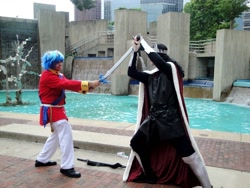 Size: 1024x768 | Tagged: artist needed, safe, king sombra, shining armor, human, 2013, convention, cosplay, fight, irl, irl human, master sword, otakon, photo, sword, the legend of zelda