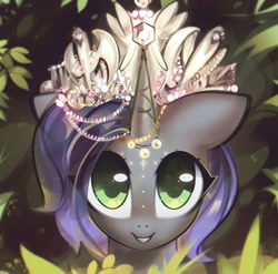 Size: 1604x1584 | Tagged: safe, artist:mirroredsea, oc, oc only, oc:moonsonat, pony, unicorn, bust, female, floppy ears, grin, horn, horn jewelry, jewelry, leaves, looking at you, mare, smiling, solo