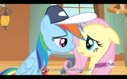 Size: 960x600 | Tagged: safe, screencap, fluttershy, rainbow dash, pegasus, pony, hurricane fluttershy, hub logo, youtube caption