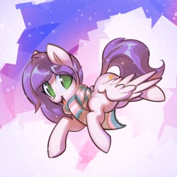 Size: 1600x1600 | Tagged: safe, artist:mirroredsea, oc, oc only, oc:lavender sunrise, pegasus, pony, abstract background, clothes, commission, female, flying, green eyes, looking at you, mare, no pupils, open mouth, purple mane, scarf, smiling, solo, spread wings, transgender, transgender pride flag, white coat, wings