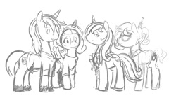 Size: 850x485 | Tagged: safe, artist:ende26, princess cadance, shining armor, alicorn, pony, unicorn, duality, glasses, grayscale, monochrome, simple background, time paradox