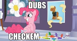 Size: 621x331 | Tagged: safe, screencap, meadow song, pinkie pie, earth pony, pony, dubz, image macro, meme, rolling, smiling