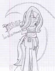 Size: 2152x2784 | Tagged: safe, artist:themadrenan, derpibooru import, trixie, pony, unicorn, clothes, female, grin, mare, monochrome, scarf, smiling, solo, traditional art