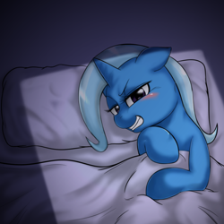 Size: 1000x1000 | Tagged: safe, artist:ushiro no kukan, derpibooru import, trixie, pony, unicorn, bed, blushing, female, mare, smirk, solo