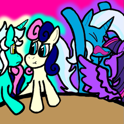 Size: 511x510 | Tagged: safe, artist:dragonpone, derpibooru exclusive, derpibooru import, bon bon, lyra heartstrings, sweetie drops, trixie, twilight sparkle, twilight sparkle (alicorn), alicorn, pony, :t, angry, argument, date, eyes closed, female, lesbian, looking at each other, lyrabon, mare, open mouth, pink background, shipping, simple background, spread wings, table, twixie