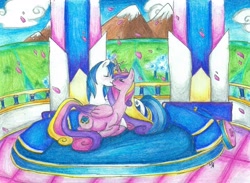 Size: 3248x2384 | Tagged: safe, artist:fountainstranger, princess cadance, shining armor, alicorn, pony, unicorn, female, kissing, male, petals, pregnant, shiningcadance, shipping, straight, traditional art