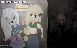 Size: 2000x1248 | Tagged: safe, artist:ngrycritic, derpibooru import, applejack, trixie, zombie, equestria girls, ak, ak-74, amc, assault rifle, clothes, crossover, denim skirt, duo, freckles, gun, hiding, looking back, rifle, skirt, the walking dead, weapon