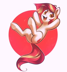 Size: 1201x1289 | Tagged: safe, artist:mirroredsea, oc, oc only, oc:poniko, earth pony, pony, :3, abstract background, blush sticker, blushing, featureless crotch, female, looking at you, mare, smiling, solo, underhoof