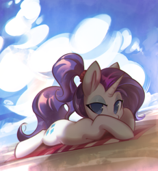 Size: 1602x1737 | Tagged: safe, artist:mirroredsea, rarity, pony, unicorn, alternate hairstyle, beach, beach towel, cute, female, lidded eyes, looking at you, lying down, mare, ponytail, prone, raribetes, solo