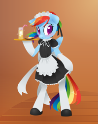 Size: 757x952 | Tagged: safe, artist:kilo, rainbow dash, pegasus, pony, abstract background, bipedal, blushing, clothes, female, food, juice, maid, mare, orange juice, sandwich, smiling, socks, solo