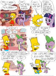 Size: 811x1102 | Tagged: safe, artist:kturtle, derpibooru import, spike, twilight sparkle, dragon, bart simpson, comic, crossover, eye contact, grin, library, lidded eyes, lisa simpson, looking at each other, open mouth, playstation portable, pointing, psp, sitting, smiling, the simpsons, waving