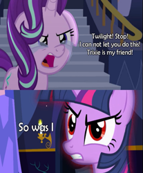 Size: 541x652 | Tagged: safe, derpibooru import, edit, edited screencap, screencap, starlight glimmer, trixie, twilight sparkle, pony, feeling pinkie keen, no second prances, avengers, captain america: civil war, civil war, red eyes