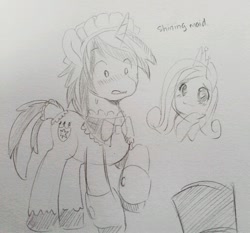 Size: 515x480 | Tagged: safe, artist:ende26, princess cadance, shining armor, alicorn, pony, unicorn, clothes, crossdressing, female, maid, male, monochrome, shiningcadance, shipping, sketch, straight, tail wrap