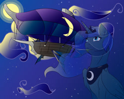 Size: 1024x819 | Tagged: safe, artist:no-shining-knight, princess luna, alicorn, pony, airship, moon, night, solo