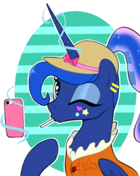 Size: 438x548 | Tagged: safe, artist:va1ly, princess luna, alicorn, pony, cellphone, cute, hat, phone, solo