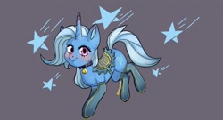 Size: 1280x689 | Tagged: safe, artist:sweet-luna, derpibooru import, trixie, pony, unicorn, bell, bell collar, blushing, cat bell, clothes, collar, saddle, smiling, socks, solo, stockings, tack, thigh highs