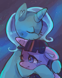 Size: 1280x1613 | Tagged: safe, artist:cherivinca, derpibooru import, trixie, twilight sparkle, pony, unicorn, comforting, eyes closed, female, hug, lesbian, mare, shipping, twixie