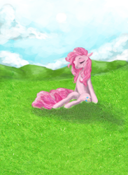 Size: 900x1230 | Tagged: safe, artist:banananamilk, pinkie pie, earth pony, pony, detailed background, female, mare, solo