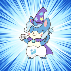 Size: 600x600 | Tagged: safe, artist:kushina13, derpibooru import, trixie, semi-anthro, unicorn, abstract background, cape, card, clothes, cocotama, eyes closed, female, hat, solo, trixie's cape, trixie's hat, wand
