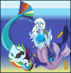 Size: 3000x3085 | Tagged: safe, artist:physicrodrigo, derpibooru import, rainbow dash, trixie, angler fish, mermaid, narwhal, series:equestria mermaids, equestria girls, arm behind back, belly button, bikini, bikini bottom, black eye, clothes, disappearing clothes, duo, duo female, earfins, evil grin, female, flip-flops, gills, grin, high res, mermaidized, midriff, ocean, open mouth, rainbow douche, raised hand, ripping clothes, sarong, seashell bra, shocked expression, smiling, species swap, story included, surprised, swimsuit, transformation, underwater, upside down