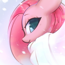 Size: 2020x2020 | Tagged: safe, artist:mirroredsea, pinkie pie, earth pony, pony, clothes, cute, cuteamena, female, floppy ears, high res, lidded eyes, looking at you, mare, pinkamena diane pie, profile, scarf, smiling, snow, snowfall, snowflake, solo, winter
