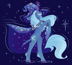 Size: 3000x2700 | Tagged: safe, artist:coolgote, derpibooru import, trixie, classical unicorn, pony, unicorn, abstract background, cape, clothes, cloven hooves, female, grin, hat, leonine tail, mare, rearing, smiling, solo, unshorn fetlocks