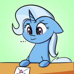 Size: 1818x1815 | Tagged: safe, artist:artiks, derpibooru import, trixie, pony, unicorn, ..., female, floppy ears, looking at something, love letter, mare, solo