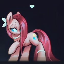 Size: 1200x1200 | Tagged: safe, alternate version, artist:mirroredsea, pinkie pie, earth pony, pony, black background, bow, bracelet, cute, cuteamena, diapinkes, female, hair bow, heart, jewelry, mare, necklace, pinkamena diane pie, sad, sadorable, simple background, solo