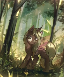 Size: 3174x3820 | Tagged: safe, artist:mirroredsea, oc, oc only, changeling, changeling oc, commission, female, forest, high res, looking at you, scenery, smiling, solo, spread wings, wings