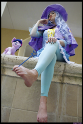 Size: 3456x5184 | Tagged: safe, artist:krazykari, derpibooru import, trixie, twilight sparkle, human, barefoot, clothes, cosplay, costume, feet, foot focus, irl, irl human, magic wand, photo, plushie, sitting, solo, toes, wand