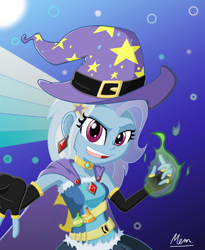 Size: 984x1200 | Tagged: safe, artist:fujuzakinc, derpibooru import, trixie, equestria girls, rainbow rocks, armpits, belt, bottle, cape, choker, clothes, earring, gloves, magic, piercing, potions, solo, trixie's hat