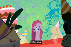 Size: 1280x853 | Tagged: safe, screencap, madame leflour, pinkie pie, rocky, sir lintsalot, earth pony, pony, youtube caption