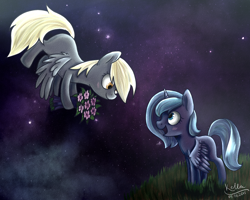 Size: 2500x2000 | Tagged: dead source, safe, artist:shiro-roo, derpy hooves, princess luna, alicorn, pegasus, pony, blushing, bouquet, female, flower, mare, missing cutie mark, night, s1 luna, stars