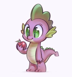 Size: 1424x1532 | Tagged: safe, artist:mirroredsea, spike, dragon, apple, cute, food, male, simple background, smiling, solo, spikabetes, white background