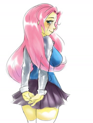 Size: 1280x1694 | Tagged: safe, artist:mrscurlystyles, edit, fluttershy, equestria girls, bedroom eyes, big breasts, blushing, breasts, clothes, eqg recolor, faith summers, female, grin, hootershy, looking at you, looking back, miniskirt, pleated skirt, recolor, school uniform, sideboob, skirt, smiling, socks, solo, starswirl academy, starswirl academy uniform, thigh highs, zettai ryouiki