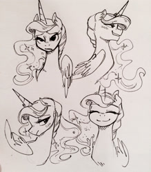 Size: 1280x1463 | Tagged: safe, artist:glacierclear, princess luna, alicorn, pony, blushing, bust, cute, eyes closed, female, lidded eyes, lunabetes, mare, monochrome, sketch, smiling, smirk, solo, traditional art