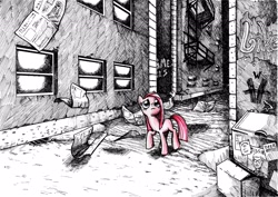 Size: 4913x3472 | Tagged: safe, artist:smellslikebeer, pinkie pie, earth pony, human, pony, abandoned, black and white, bygone civilization, crosshatch, dumpster, frown, graffiti, grayscale, ink, looking up, monochrome, neo noir, newspaper, partial color, pinkamena diane pie, raised hoof, sad, solo, traditional art, walking