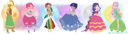 Size: 2015x539 | Tagged: safe, artist:dahli-lama, derpibooru import, applejack, fluttershy, pinkie pie, rainbow dash, rarity, twilight sparkle, clothes, dress, gala dress, humanized, mane six